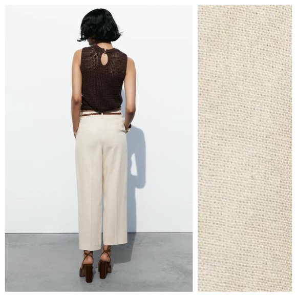NWT. Zara Beige Linen Blend Belted Straight Leg Braided Belt Pants. Size S. - Picture 5 of 12